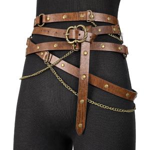 HiiFeuer Medieval DIY Faux Leather Metal Chain Belt, Vintage Adjustable Thin Belt For Women, Retro Skinny Belt For Dresses, One Size fits all