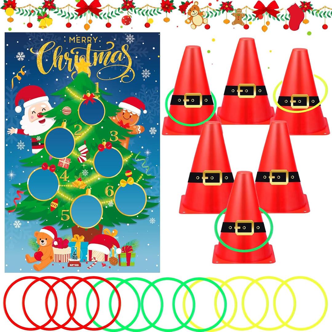 Christmas Ring Toss Game,6 Christmas Hat Plastic Cones and 30 Colorful Rings Chris tmas Carnival Party Game DIY Game Chris tmas Party Favors Indoor Outdoor Ring Toss Game