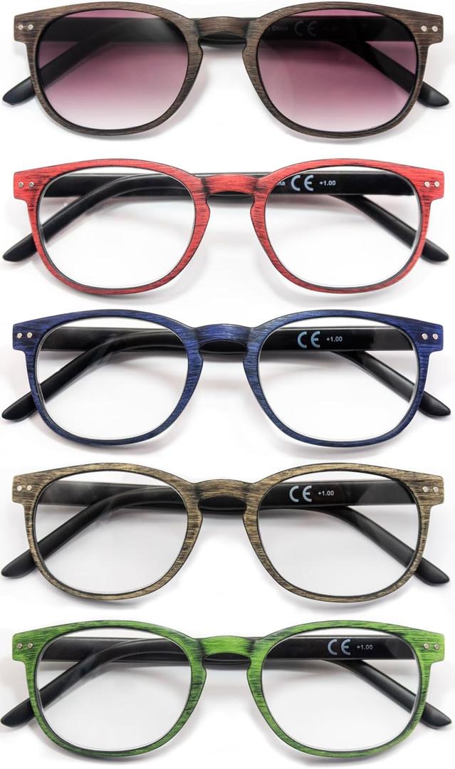 HEEYYOK Reading Glasses Men/Women 5-Pack Readerss,Wood Look Design with Flexible Spring Hinge,Comfortable Wear Lightweight Sunglasses Readers Including 5-Pouch (1.00, 5-Pack Mix Color)