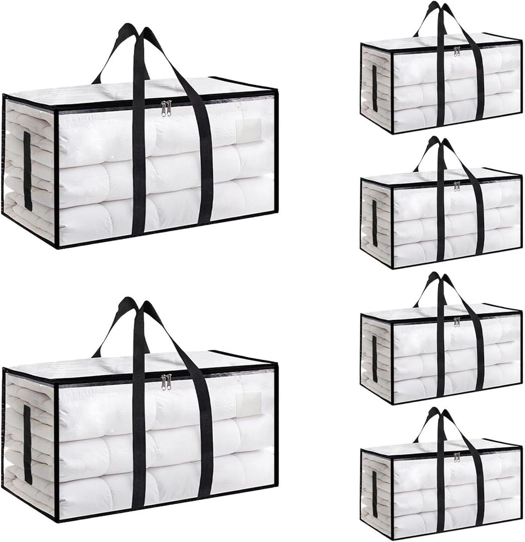 6 Pack-Extra Large Heavy Duty Moving Bags - Waterproof Storage Totes with Handles & Zippers, Foldable for College Dorm, Storage (Clear)