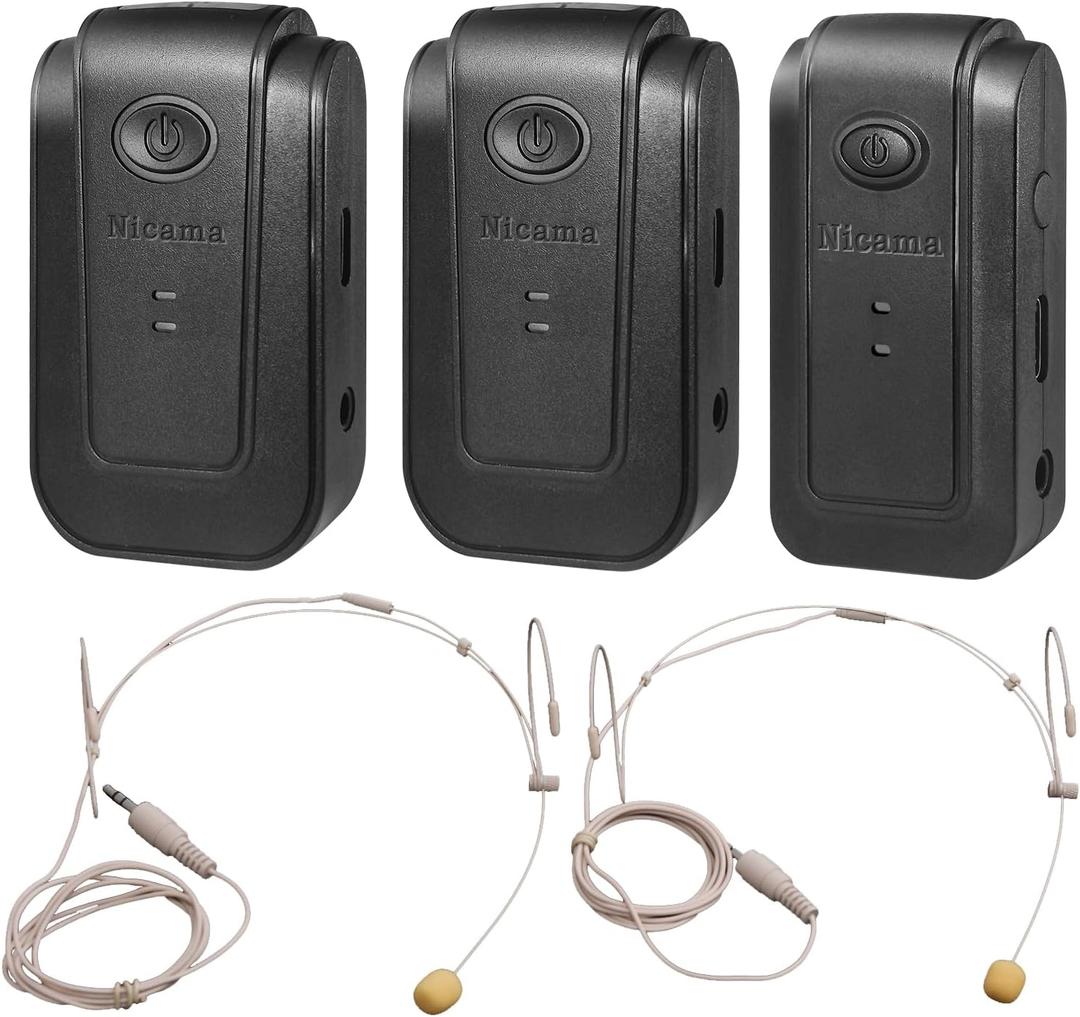 Nicama AS3 2TX+RX Headset Wireless Headworn Microphone, 2.4G Wireless Lavalier Microphone for iPhone 15 16 Type-C Android Smartphones Canon EOS Nikon DSLR Camera Sony Camcorder (White)