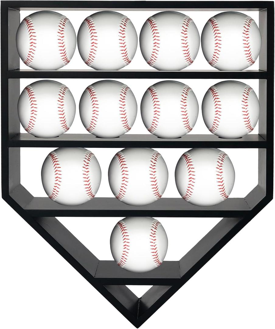 Baseball Display Case & Holder for 12 Balls - Black Wooden Shelves | Autographed Baseball Collector Case, Sports Memorabilia Display