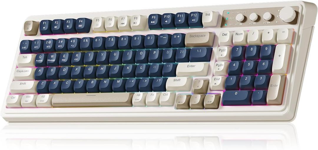 AULA 99 Keys Gaming Keyboard, Tri-Mode Bluetooth/2.4GHz/USB-C Retro Creamy Color Keyboard with Number Pad RGB, Media Knob Custom Programmable Membrane Computer Keyboards for PC Gamer - Blue-Grey