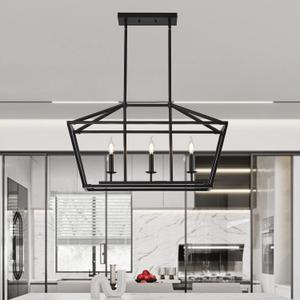 XILICON Dining Room Light Fixtures Over Table, 3-Light Black Farmhouse Chandelier Light Fixture Black Industrial Linear Pendant Lights Kitchen Island Candle Lantern Chandelier