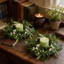 6 Pcs Green Artificial Eucalyptus Swag Wreaths Spring Summer Candle Rings Wreath with White Berries Mini Green Kitchen Cabinet Wreaths with Ribbon for Front Door Porch Wall Window Farmhouse Decoration