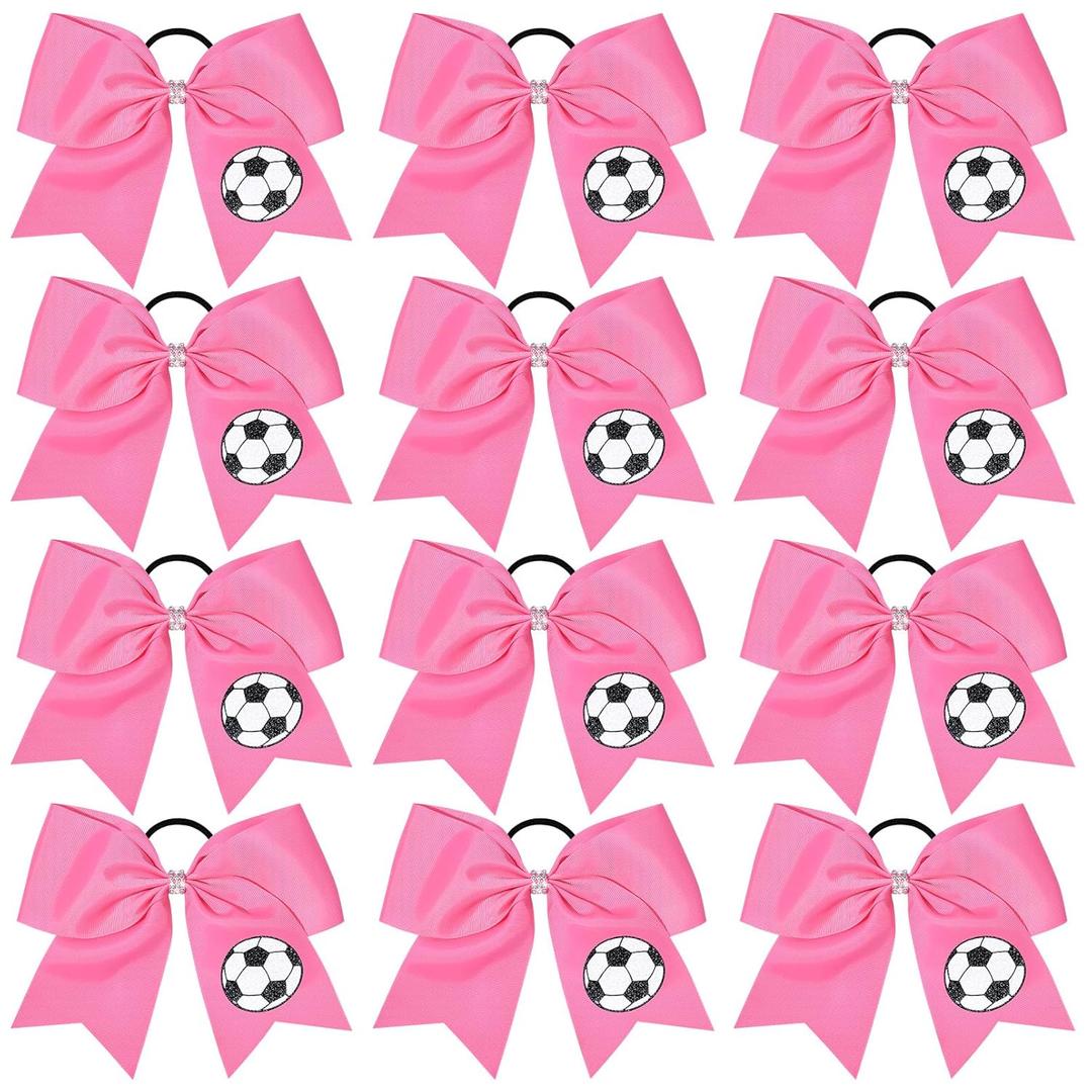 12PCS Soccer Bows 8" Soccer Cheer Bow Large Girls Hair Bows Cheerleading Bows Bulk Elastic Band Ponytail Holder for Teen College Football Competition-Pink