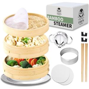 Chef's Palace Bamboo Steamer Basket | 10 Inch 2 Tier Dumpling, Rice and Vegetable Steamer | Chopsticks and Chopsticks Helpers, Silicon Liners, Ring Adapter, Dumpling Helper and Instructions Manual.