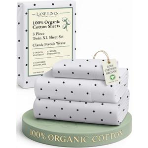 LANE LINEN 100% Organic Cotton Twin XL Sheets Set 3-Piece Pure Percale Bedsheets Bedding Breathable Fits Mattress Upto 15" Deep - Black Polka Dot