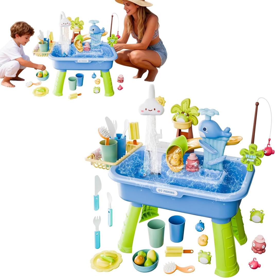 Kids Water Table, 4 in 1 Play Sink with Pump and Running Water, Summer Sensory Toys for Outdoor Pool, Educational Water Games Set for Garden