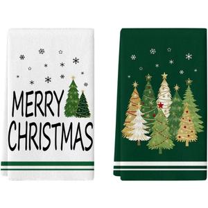 Merry Christmas Hand Towels, Green Xmas Tree Decor Kitchen Dish Towels Bathroom Hand Towels Holiday Party Seasonal Bath Towels Set of 2, Perfect Home & Kitchen Gift (White 2pack)