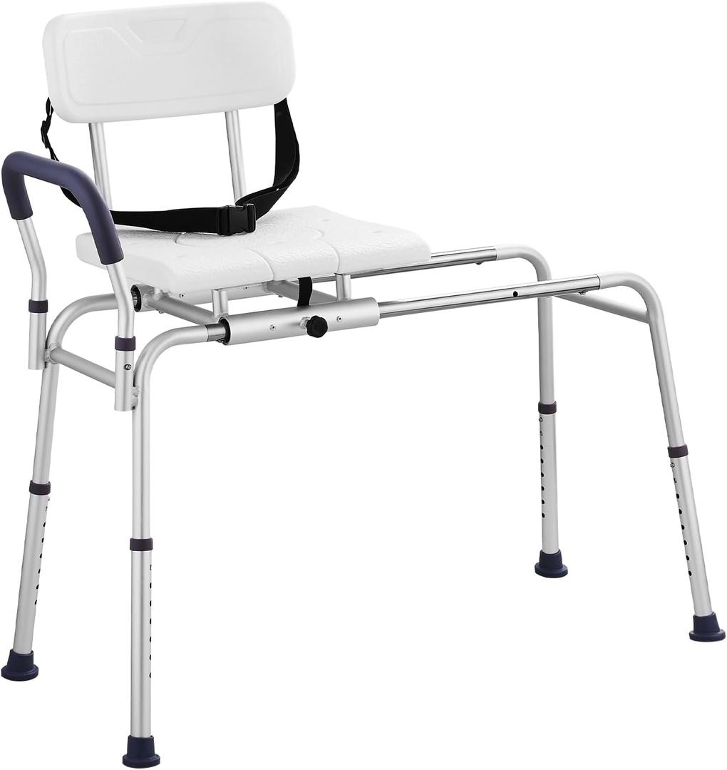 VEVOR Sliding Tub Transfer Bench, Height Adjustable Bathtub Transfer Bench with Cut-Out Seat, Reversible Backrest & Safety Belt, Non-Slip Shower Chair for Elderly Disabled Handicap, 400LBS Capacity (Sliding Seat)