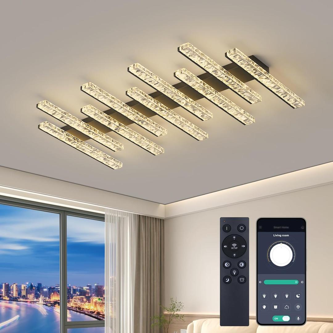 Modern LED Ceiling Light Dimmable Chandelier Fixtures with Remote Close to Ceiling Light 3120LM 120W Ceiling Lamp for Living Room,Bedroom,Kitchen, Black 43.3Inch 9-Light