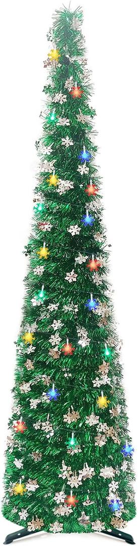 5Ft Pop Up Christmas Tree with Lights, Collapsible Pencil Tree Green, Skinny Christmas Tree Slim Xmas Tree, Artificial Tinsel Tree Foldable for Home Apartment Holiday Party Winter Decor