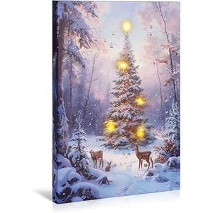Canvas Wall Prints for Bathroom 12"x18" Canvas Art Christmas Deer Xmas Tree Ball Snow Day Forest Snowscape Framed Wall Painting Art for Office Kitchen Bedroom Home Decor (Khaki Gray Blue Light Brown)