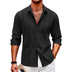 COOFANDY Mens Cuban Guayabera Shirt Casual Button Down Shirts Long Sleeve Summer Beach Shirts (Black, L)