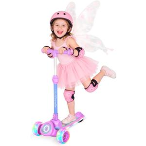 Nattork Kids Scooter for Girls with Light Up Wheels, Deck and Headlight, Wide Anti-Slip Deck and T-bar Handle with Rear Foot Brake, Adjustable Height 3 Wheel Scooter for Kids Ages 3+ and up to 220Lbs
