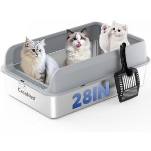 XXXL Stainless Steel Cat Litter Box with Lid 28.1''20.5'' 10.1 Extra Large Metal Cat Litter Box for Big, Multi Cats, Anti-Leakage & Non-Stick Metal Pan, Easy to Clean, Durable (Dark Grey