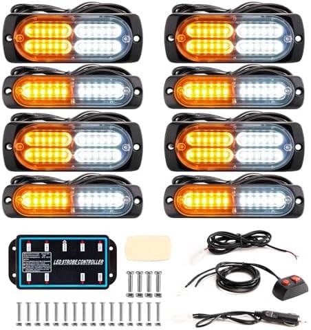 BooYu 8-pcs Sync Feature LED Emergency Strobe Lights Ultra Slim Grille Surface Mount Flashing Warning Hazard Light Bar w/Controller for Construction, Firefighter, Trucks, Vehicles, Car (Amber/White)