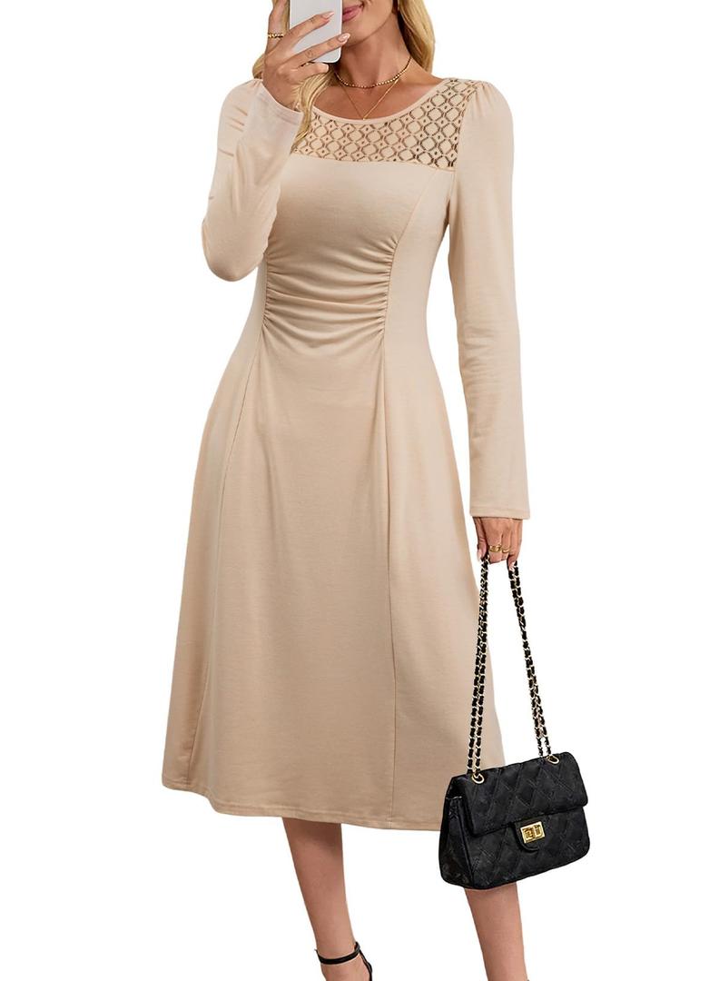 Dokotoo Womens Dresses Casual Long Sleeve Fall Dresses for Women 2025 Elegant Crewneck Lace Solid Midi Formal Cocktail Dress Outfits Apricot Medium