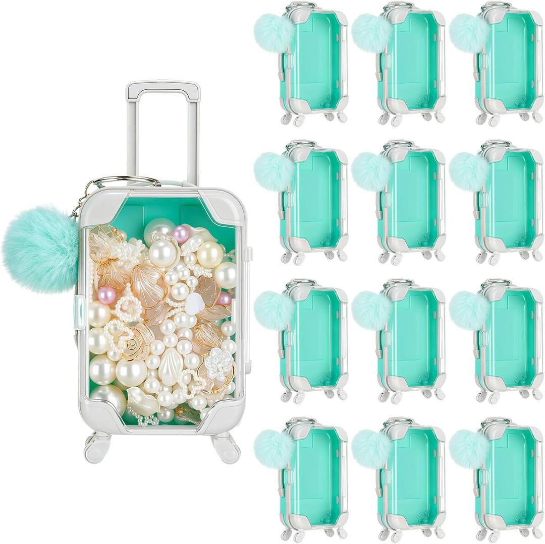 VioraWhite 24 Pcs Mini Suitcase Empty Storage Box and Plush Ball Keychain Candy Luggage Containers Packaging Case for Bridal Shower Baby Shower Party Favors Travel Gifts (Mint Green)
