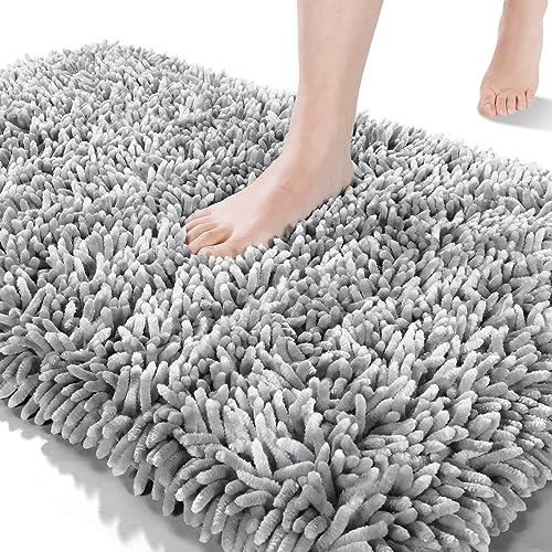 Yimobra Long Chenille Bathroom Rug Mat 44.1 x 24, Soft Comfortable Non-Slip Large Size Bath Mat, Super Absorbent, Machine Washable Quick Dry, Luxury Plush Thick Runer Bath Rug Mat, Light Grey