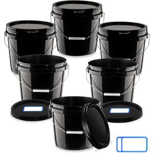 6 Pcs 2 Gallon Black Bucket with Lid and Handle, Large Plastic Storage Paint Pail Brine, Fermenting for Beer, Wine or Any Other Fermented Beverage