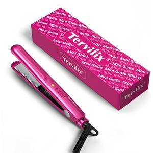 Terviiix Mini Flat Iron for Travel, 1/2'' Small Hair Straightener for Short Hair/Bangs, 0.5'' Portable Ceramic Straightening Irons, Dual Voltage, Pouch Included, Compact Size, Pink