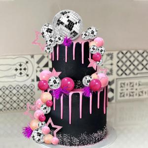 DRWATE Pink Disco Ball Cake Topper Mirror Balls Cake Decorations with pink Stars Cake Topper for 70s 80s Disco Dance Party Saturday Night Fever Supplies (Pink)