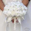 Bridal Wedding Bouquet Round Bling Brooch Bouquet Throw Toss Artificial Rose Flower Bunch for Bride Bridesmaid Wedding Quinceanera(Ivory, 9.8")