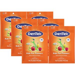 DenTek Fun Flossers Kids Floss Picks with Wild Fruit Flavor, 75 Count, Pack of 6