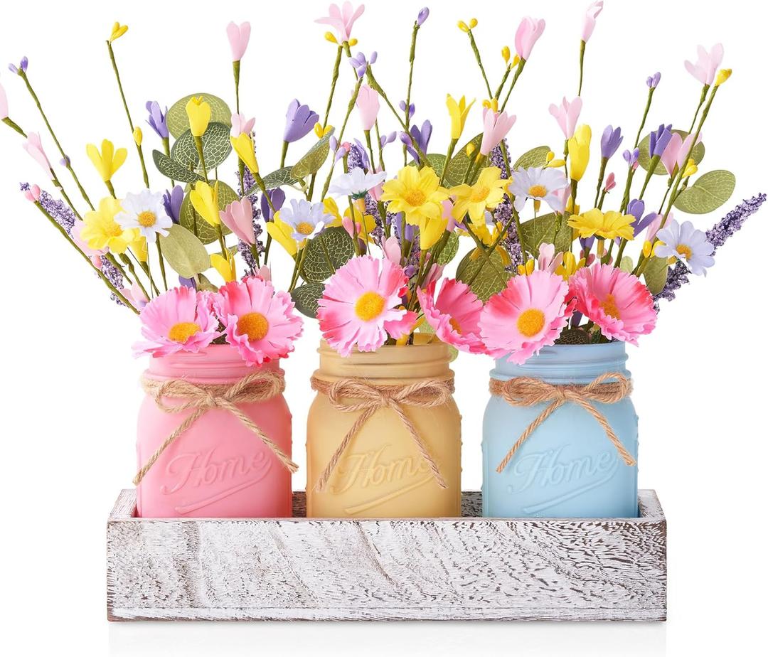 Mason Jar Spring Easter Table Decor, Centerpieces for Tables with Daisy Artificial Flowers, Farmhouse Wood Tray, Spring Table Centerpiece, 10 Pcs Spring Decorations for Home, Kitchen, Office