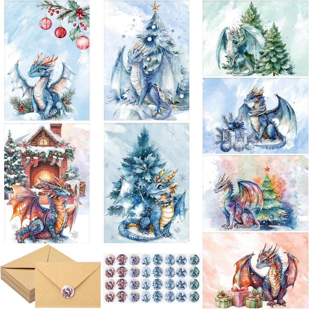 32 Pcs Dragon Christmas Cards with Envelopes and Stickers Holiday Funny Christmas Cards Bulk 8 Charming Designs Assorted for Men Women Xmas Holiday Gifts