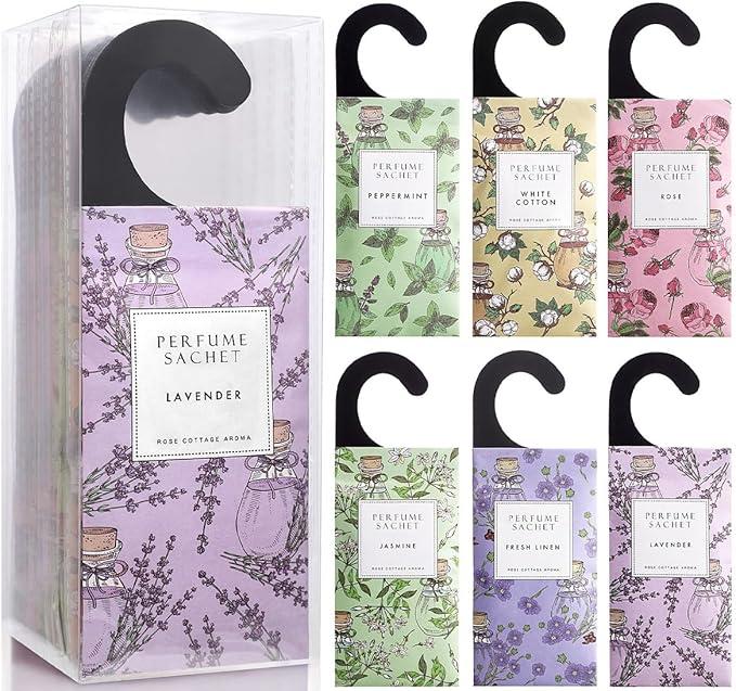 Large 12 Packs Hanging Scented Sachets Long-Lasting Closet Deodorizer Air Freshener Fabric Refresher Odor Eliminator for Drawer Home Fragrance Gift Set, 6 Scents