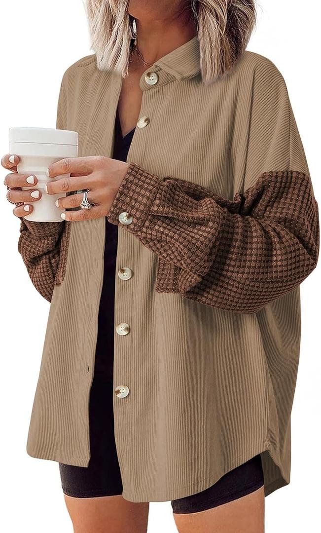 Astylish Womens 2024 Corduroy Shacket Color Block Waffle Jackets Casual Long Sleeve Button Down Shirts Coat (Small, Brown)
