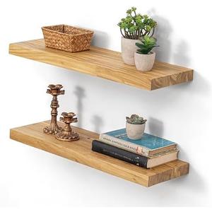 Dreamland 24 Inch Floating Shelves, Rustic Elm Wood Wall Shelf for Home Decor, 8 Inch Deep Floating Shelf for Wall, 24 x 8 Bathroom Shelves Set of 2, Natural Color