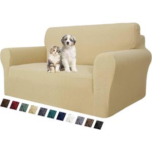 MAXIJIN Stretch Loveseat Sofa Slipcovers 1 Piece Love Seat Couch Covers for 2 Cushion Couch Non Slip Sofa Cover Washable Dog Cat Proof Furniture Protector Pet Friendly (Loveseat, Beige) (Medium (55"-69")