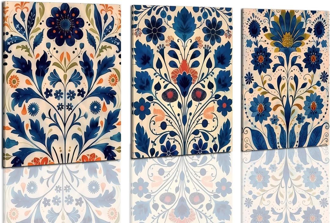 3 Pcs Blue Boho Flower Canvas Wall Art, Floral Painting Poster Wall Decor,Wildflower Botanical Picture for Wall Living Room Bathroom Bedroom Home Decoration 12 * 16 in Framed