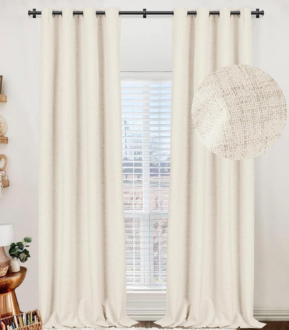 100% Blackout Shield Linen Blackout Curtains for Bedroom, Cream Grommet Curtains for Living Room, Thermal Insulated Room Darkening Drapes for Nursery, Fall Home Decor, 50" W x 63" L, 2 Panels