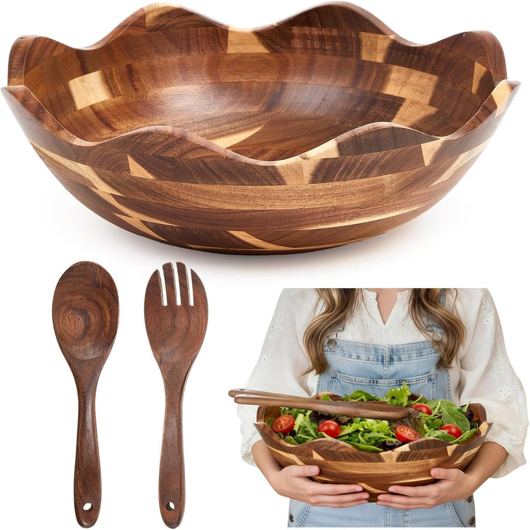 Geiserailie 15 Inches Scalloped Acacia Wood Salad Bowl Set, Serving Bowl