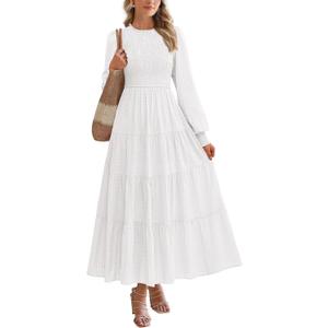 PRETTYGARDEN Women's Long Sleeve Maxi Dresses 2025 Fall Casual Smocked Trim Neck Swiss Dot Tiered Flowy Wedding Guest Dress (White, S)