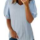 SHEWIN Womens Summer Tops 2025 Casual Short Sleeve Shirts V Neck Textured Work Blouses for Women Dressy Casual, S, Blue