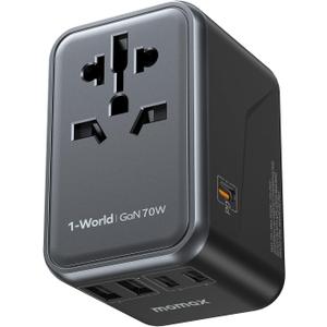 MOMAX Universal Travel Adapter, GaN 70W International Power Adapter, 3 USB-C PD Fast Charging & 2 USB-A QC, 1 AC, All-in-one International Plug Adapter for Travel European UK AUS JP