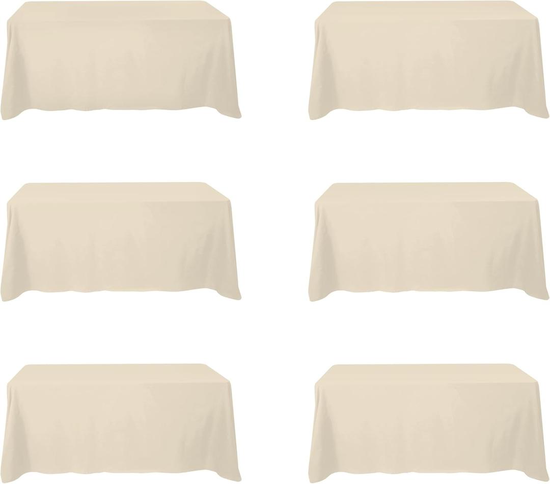 BRILLMAX 6 Pack Beige Tablecloths 90 x 132 Inch for 6ft Rectangle Tables - 150 GSM Polyester Fabric, Floor Length Drop, Water, Stain & Wrinkle Resistant Cloth Cover for Wedding Reception Banquet