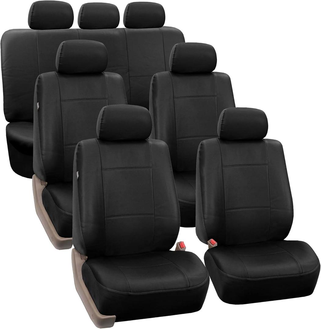 FH Group Car Seat Covers PU Leather 3 Row Car Seat Covers w. 7 Seater, Airbag Compatible and Split Bench - Fit Most Car, Truck, SUV, or Van Solid Black