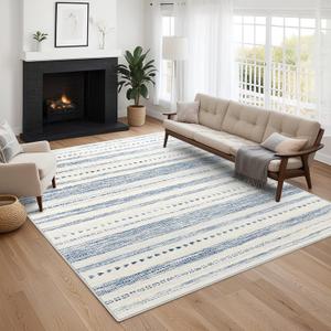 Moroccan 5x7 Area Rug: Soft Ultra Thin Machine Washable Farmhouse Area Rugs for Living Room Non-Slip Neutral Modern Geometric Indoor Floor Carpet for Bedroom Under Dinning Table Blue (5' x 7')