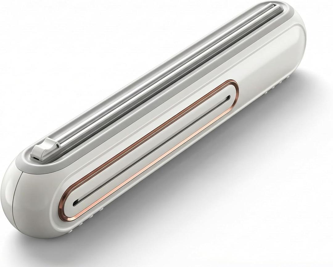 Food Plastic Wrap Dispenser  Refillable ABS Plastic Wrap Dispenser with Safe Slide Cutter  Compact Cling Film, Foil & Baking Paper Easy-Cut Organizer for Fresh Food Storage (White)