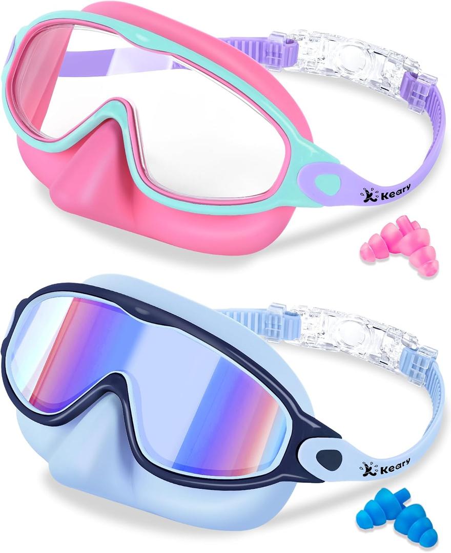 Keary 2 Pack Kids Swim Goggles with Nose Cover Anti-Fog & UV Girls Boy 3-12 | Swimming Goggles for Kids 180 Panoramic Wide Clear View Silicone Clip Lightweight Youth Toddler Children Pool Water Beach