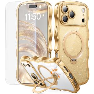 3 in 1 for iPhone 17 Pro Max Case with 360 Spin Magnetic Stand, 1X DIY Glitter Cardstock +1X Screen Protector, [Fit for Magsafe]Cute Wavy Trendy Glossy Clear Phone Cover for Women Girls 6.9", Gold