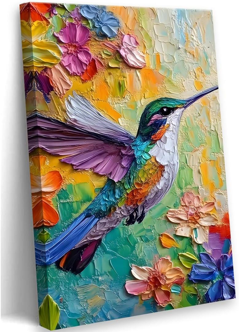 2D No Texture Colorful Painting Hummingbird Canvas Wall Art, Spring Flower Wall Decor, Hummingbird Picture for Wall Living Room Bathroom Bedroom Home Decoration 24*36 in (Stretched Canvas on A Wooden Frame)