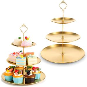 2Pcs 3 Tier Stainless Steel Cupcake Stand, Gold Tiered Dessert Stand Round Shape Dessert Serving Tray Cookie Candy Buffet Stands for Wedding, Birthday, Tea Party, Baby Shower, Christmas